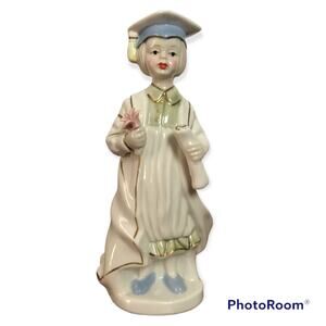 VTG Ceramic White Goldtone Graduation Figurine Unmarked With Diploma & Rose